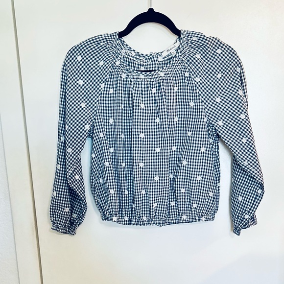 Madewell Blue/White Gingham Checked Blouse  White Embroidered Circles L/S XXS - Picture 1 of 7